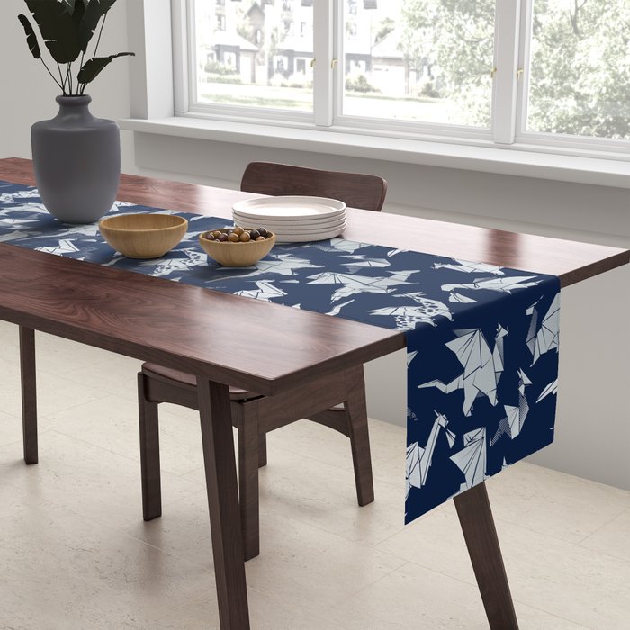 Origami metallic dragon friends // oxford navy blue background metal silver fantasy animals Table Runner Gallery Image 2
