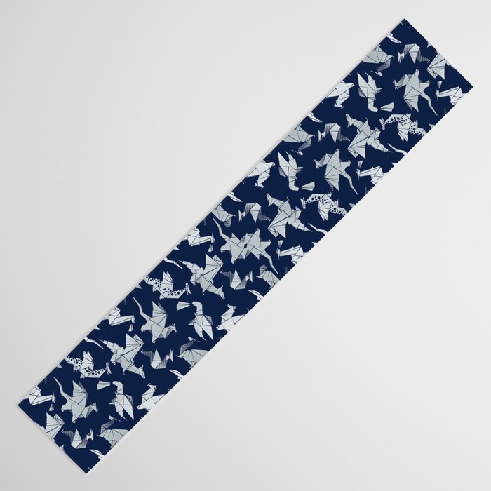 Origami metallic dragon friends // oxford navy blue background metal silver fantasy animals Table Runner Gallery Image 3