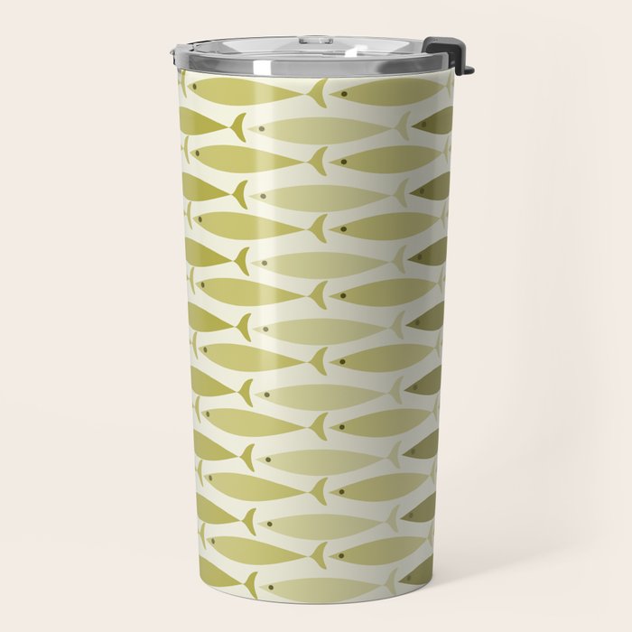 Mid Century Modern Fish Stripe Pattern in Olive Khaki Green Tones Travel Mug Gallery Image 2