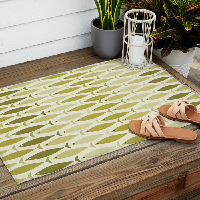 Mid Century Modern Fish Stripe Pattern in Olive Khaki Green Tones Outdoor Rug Gallery Image 2