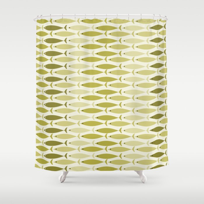 Mid Century Modern Fish Stripe Pattern in Olive Khaki Green Tones Shower Curtain Gallery Image 1