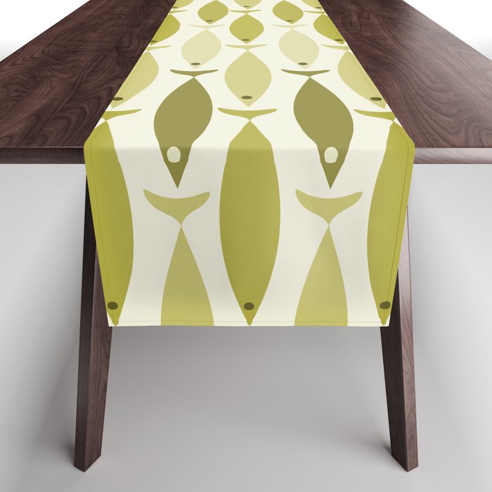 Mid Century Modern Fish Stripe Pattern in Olive Khaki Green Tones Table Runner Gallery Image 1