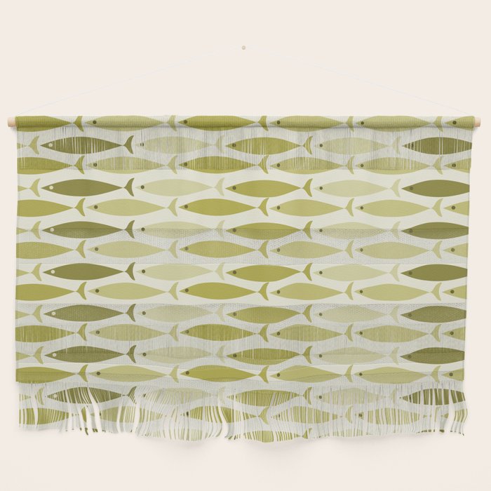 Mid Century Modern Fish Stripe Pattern in Olive Khaki Green Tones Wall Hanging Gallery Image 1