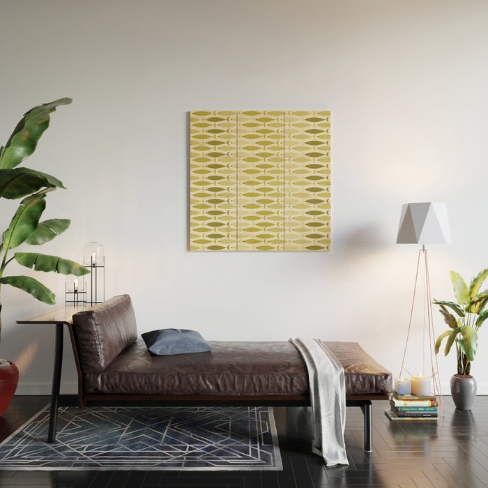 Mid Century Modern Fish Stripe Pattern in Olive Khaki Green Tones Wood Wall Art Gallery Image 2