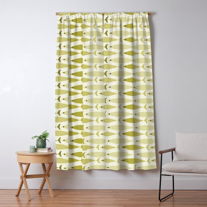 Mid Century Modern Fish Stripe Pattern in Olive Khaki Green Tones Window Curtain Gallery Image 1
