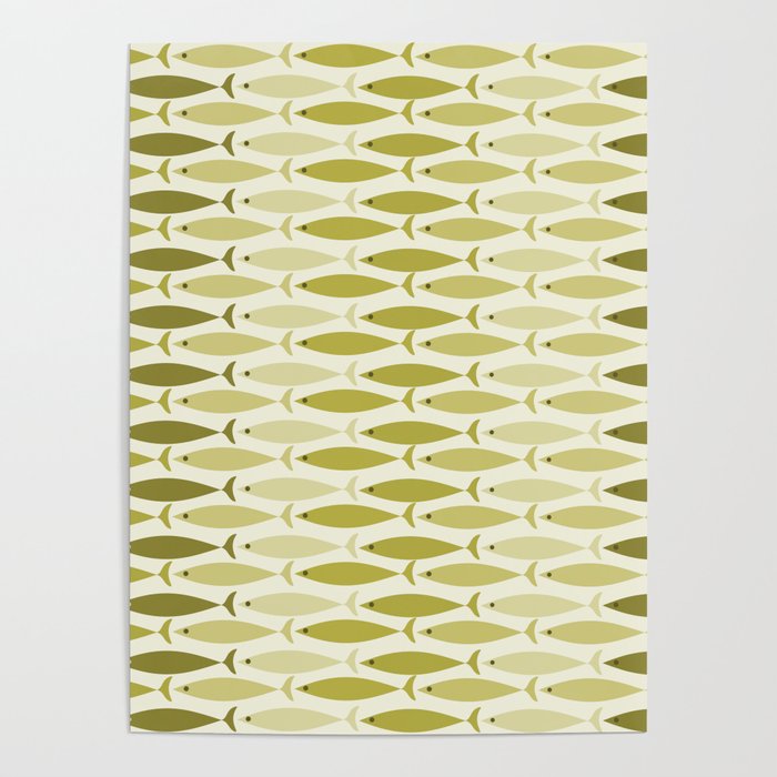 Mid Century Modern Fish Stripe Pattern in Olive Khaki Green Tones Poster Gallery Image 1