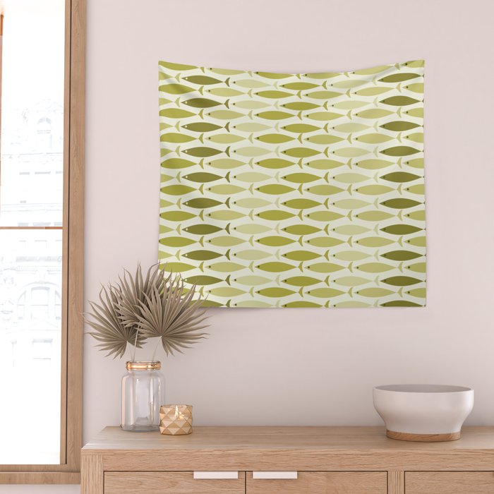 Mid Century Modern Fish Stripe Pattern in Olive Khaki Green Tones Wall Tapestry Gallery Image 2