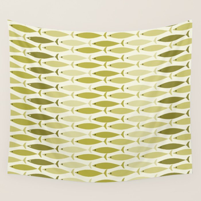 Mid Century Modern Fish Stripe Pattern in Olive Khaki Green Tones Wall Tapestry Gallery Image 4