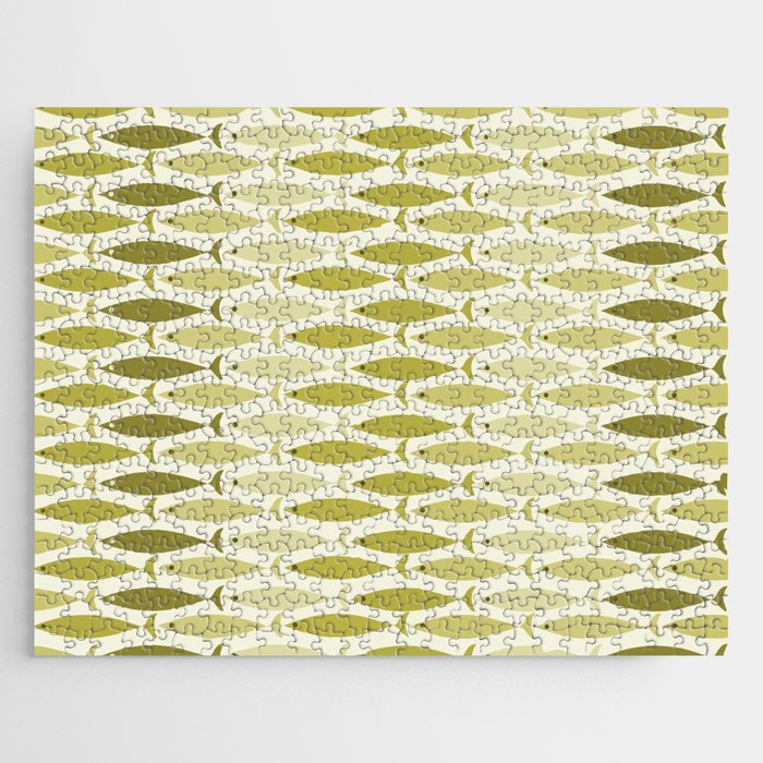 Mid Century Modern Fish Stripe Pattern in Olive Khaki Green Tones Jigsaw Puzzle Gallery Image 1