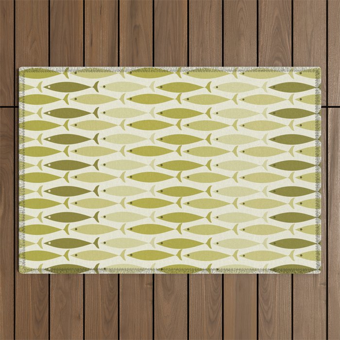 Mid Century Modern Fish Stripe Pattern in Olive Khaki Green Tones Outdoor Rug Gallery Image 1