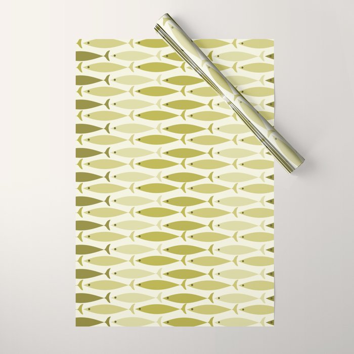 Mid Century Modern Fish Stripe Pattern in Olive Khaki Green Tones Wrapping Paper Gallery Image 1