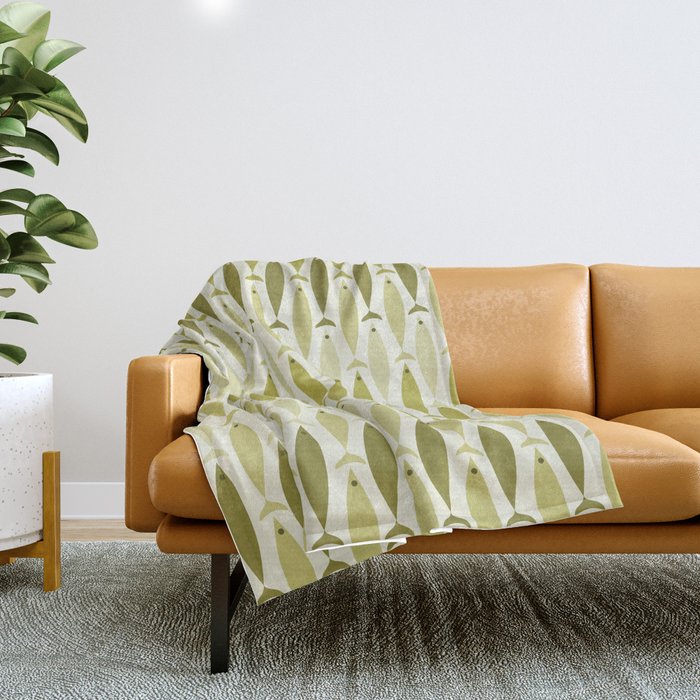 Mid Century Modern Fish Stripe Pattern in Olive Khaki Green Tones Throw Blanket Gallery Image 1