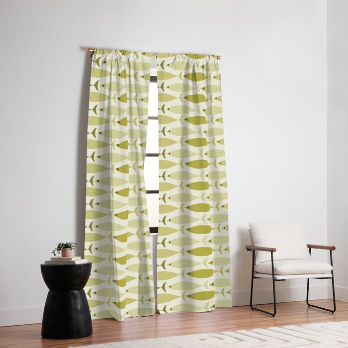 Mid Century Modern Fish Stripe Pattern in Olive Khaki Green Tones Window Curtain Gallery Image 2