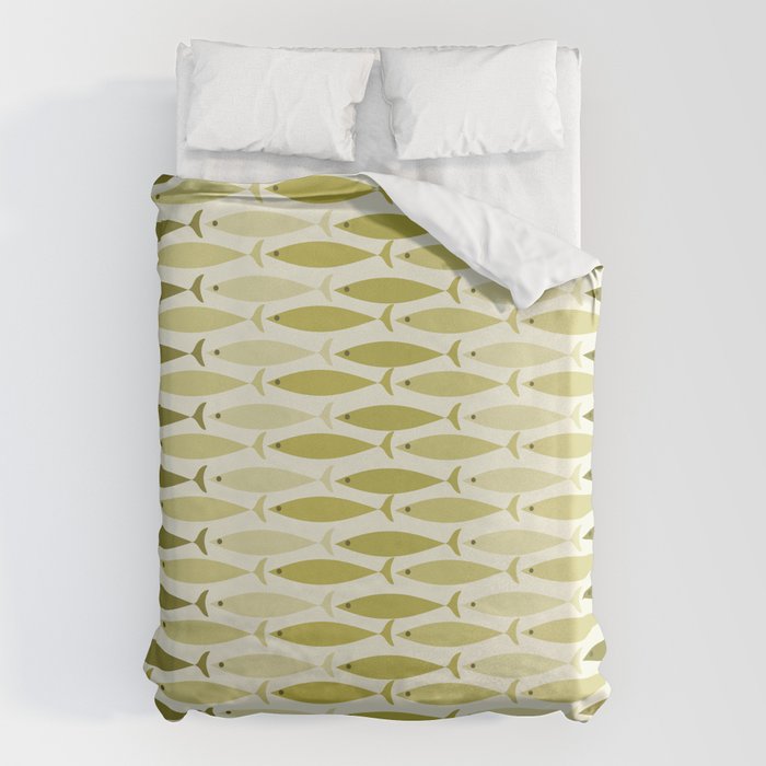 Mid Century Modern Fish Stripe Pattern in Olive Khaki Green Tones Duvet Cover Gallery Image 6
