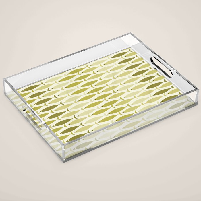 Mid Century Modern Fish Stripe Pattern in Olive Khaki Green Tones Acrylic Tray Gallery Image 1