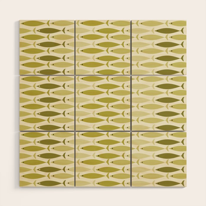 Mid Century Modern Fish Stripe Pattern in Olive Khaki Green Tones Wood Wall Art Gallery Image 1