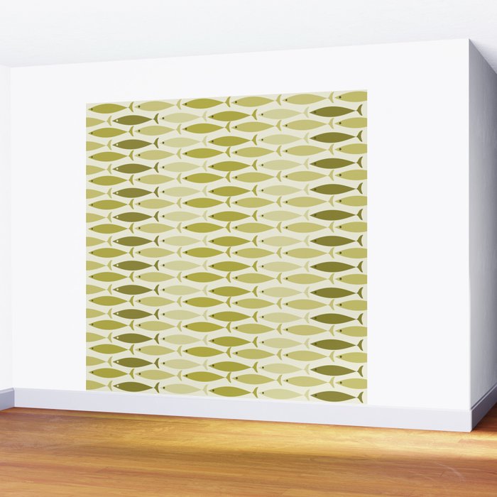 Mid Century Modern Fish Stripe Pattern in Olive Khaki Green Tones Wall Mural Gallery Image 2