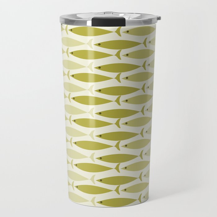 Mid Century Modern Fish Stripe Pattern in Olive Khaki Green Tones Travel Mug Gallery Image 1