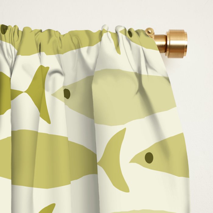 Mid Century Modern Fish Stripe Pattern in Olive Khaki Green Tones Window Curtain Gallery Image 2