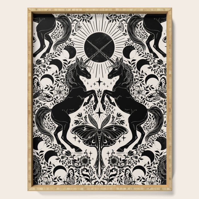 Celestial Unicorn Damask Cream & Black Serving Tray Gallery Image 1