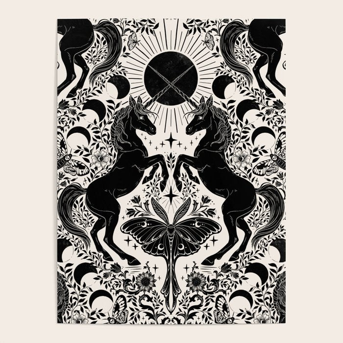 Celestial Unicorn Damask Cream & Black Poster Gallery Image 1