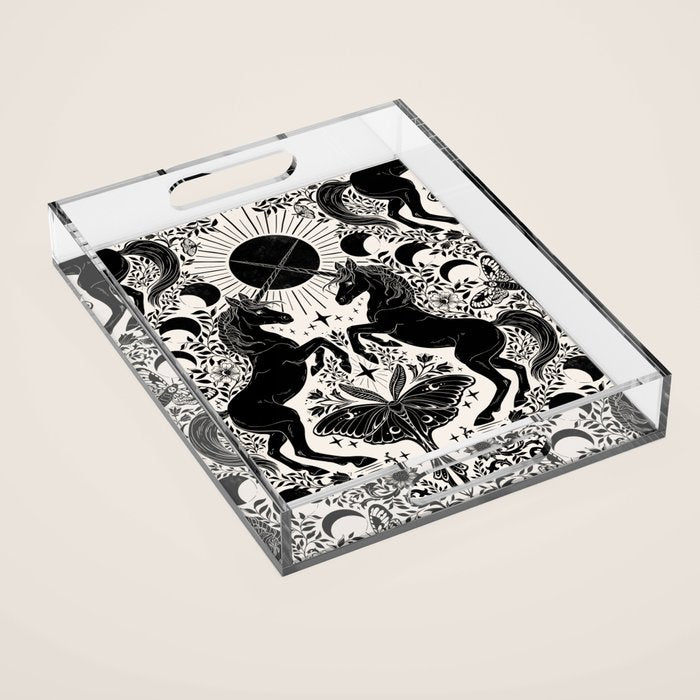 Celestial Unicorn Damask Cream & Black Acrylic Tray Gallery Image 1