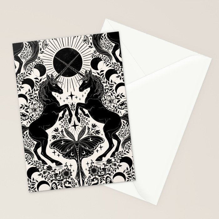 Celestial Unicorn Damask Cream & Black Stationery Card Gallery Image 2