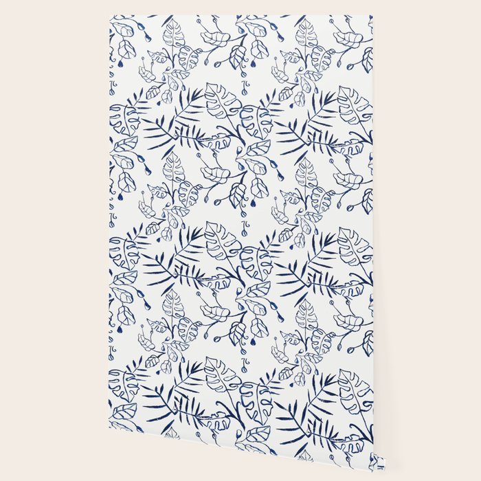 Tropical Plant Boho Chinoiserie Blue and White Wallpaper Gallery Image 2