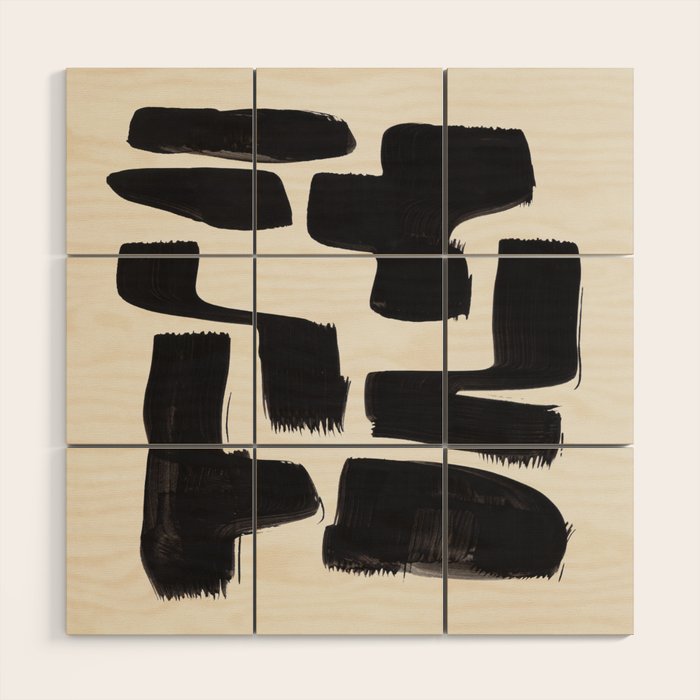 Mid Century Modern Minimalist Abstract Art Brush Strokes Black & White Ink Art Shapes Wood Wall Art Gallery Image 1