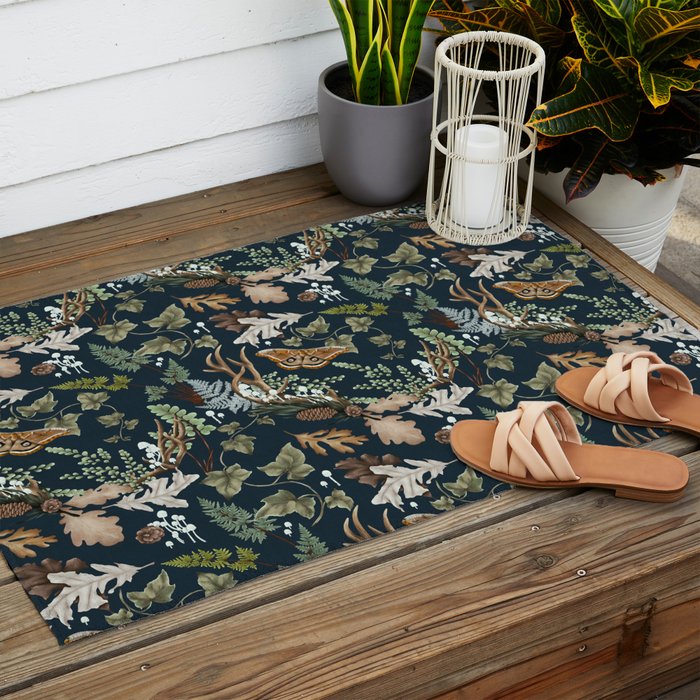 Bohemian leafy forest at night Outdoor Rug Gallery Image 2