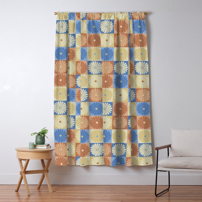 Retro Flowers Check Pattern VIII Window Curtain Gallery Image 1