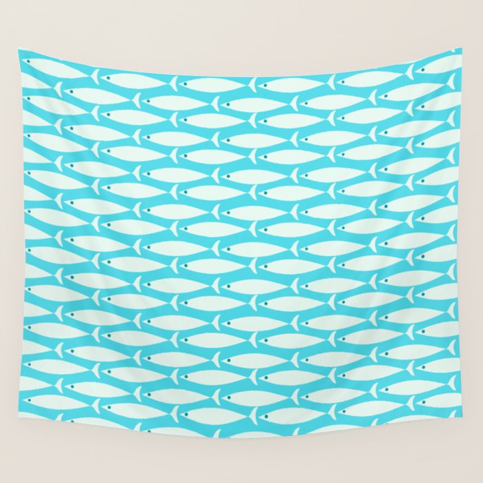 Coastal Fish Pattern in Aqua Wall Tapestry Gallery Image 1