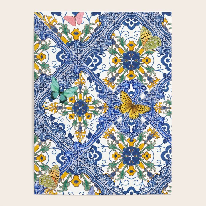 Blue ceramic maiolica tiles, yellow flowers and butterflies Poster Gallery Image 4