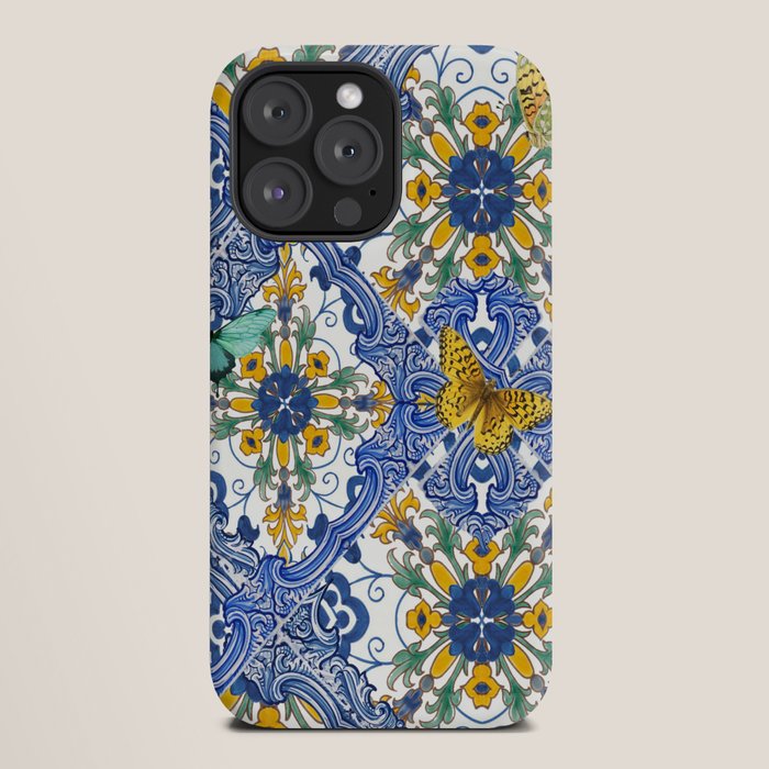 Blue ceramic maiolica tiles, yellow flowers and butterflies iPhone Case Gallery Image 20