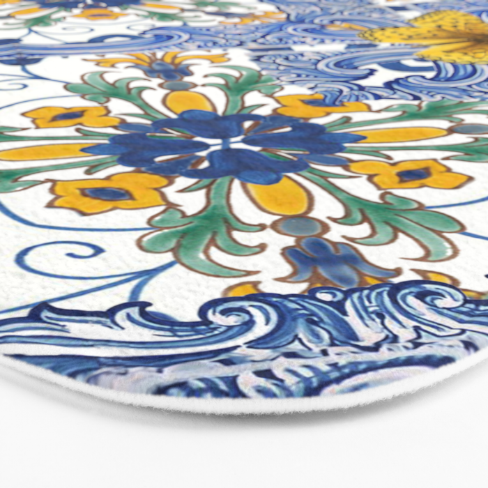 Blue ceramic maiolica tiles, yellow flowers and butterflies Bath Mat Gallery Image 3