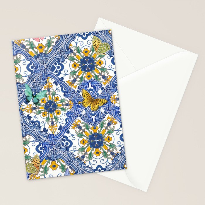 Blue ceramic maiolica tiles, yellow flowers and butterflies Stationery Card Gallery Image 2