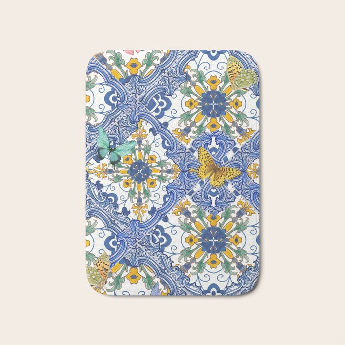 Blue ceramic maiolica tiles, yellow flowers and butterflies Bath Mat Gallery Image 1