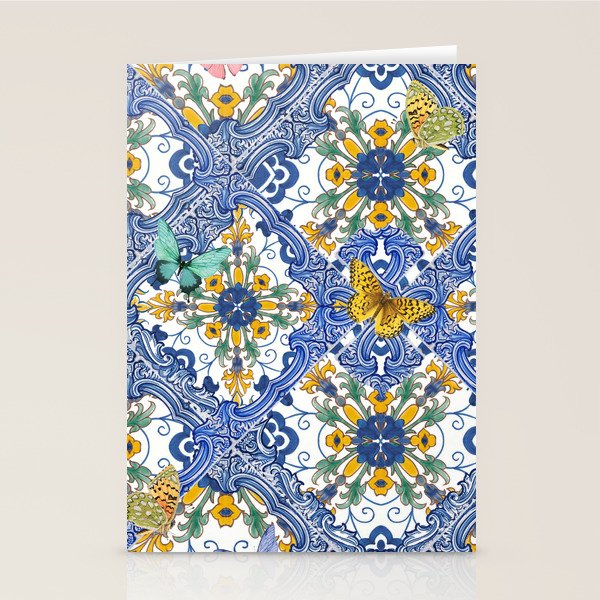 Blue ceramic maiolica tiles, yellow flowers and butterflies Stationery Card Gallery Image 2