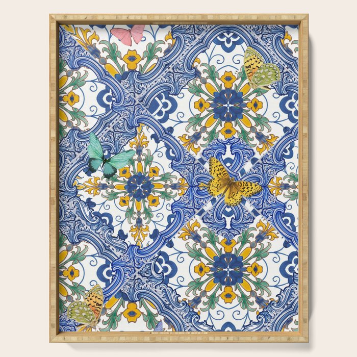 Blue ceramic maiolica tiles, yellow flowers and butterflies Serving Tray Gallery Image 1