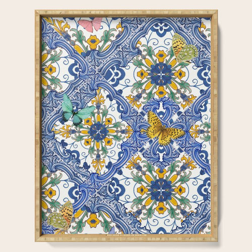 Blue Ceramic Maiolica Tiles, Yellow Flowers And Butterflies Serving Tray Gallery Image 1