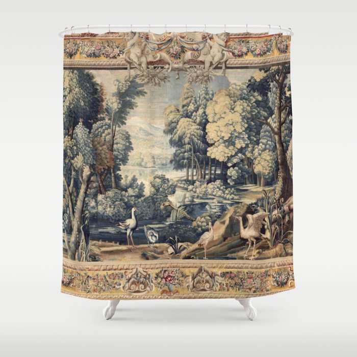 Antique 17th Century Verdure Bird Forest French Tapestry Shower Curtain Gallery Image 1