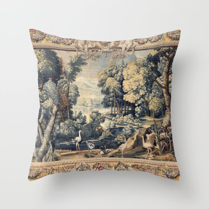 Antique 17th Century Verdure Bird Forest French Tapestry Throw Pillow Gallery Image 6