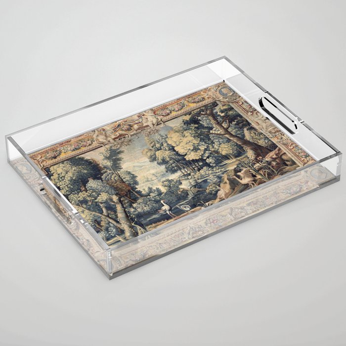 Antique 17th Century Verdure Bird Forest French Tapestry Acrylic Tray Gallery Image 1