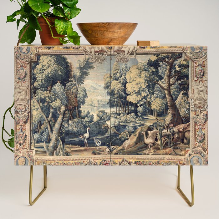 Antique 17th Century Verdure Bird Forest French Tapestry Credenza Gallery Image 1