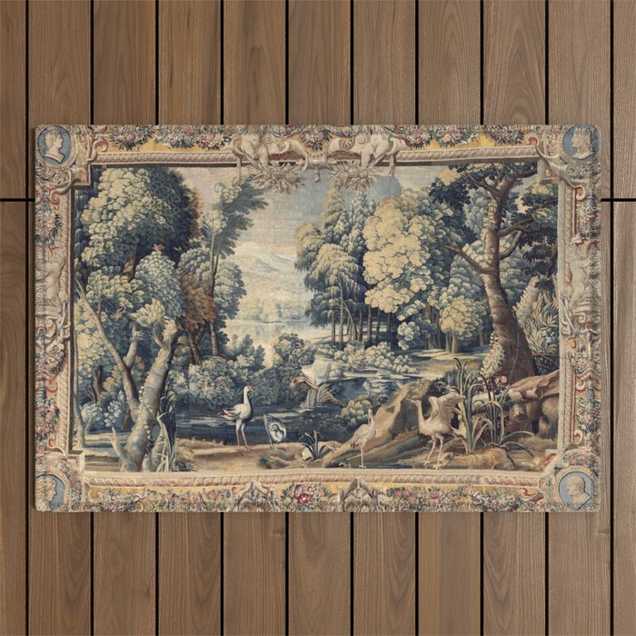 Antique 17th Century Verdure Bird Forest French Tapestry Outdoor Rug Gallery Image 1