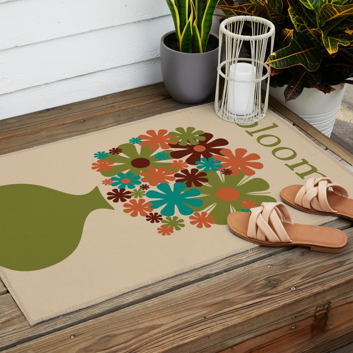 Bloom Retro Flowers in Vase 70s Avocado Green Outdoor Rug Gallery Image 2