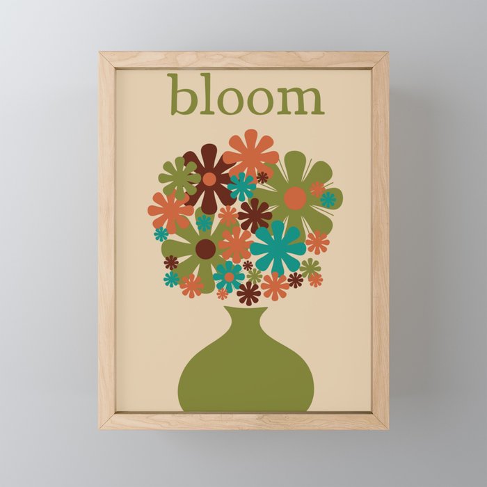 Bloom Retro Flowers in Vase 70s Avocado Green Mini Art Print Gallery Image 1