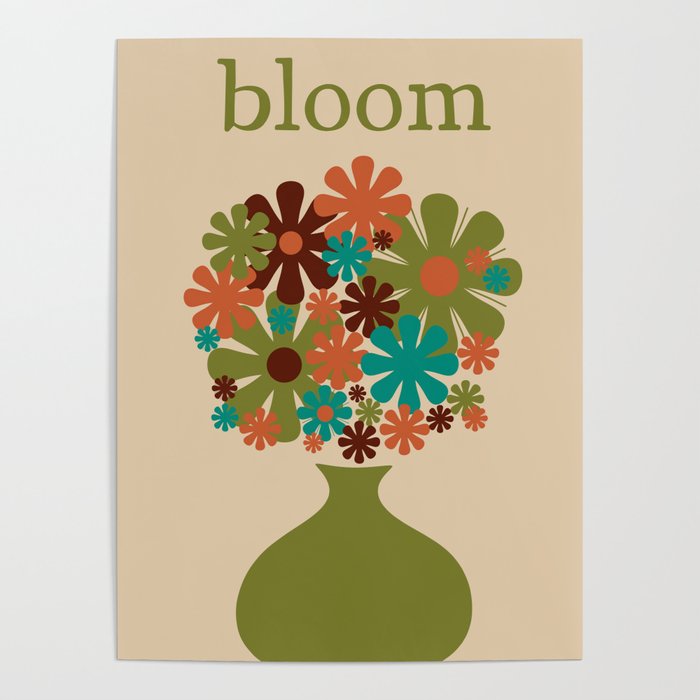 Bloom Retro Flowers in Vase 70s Avocado Green Poster Gallery Image 1