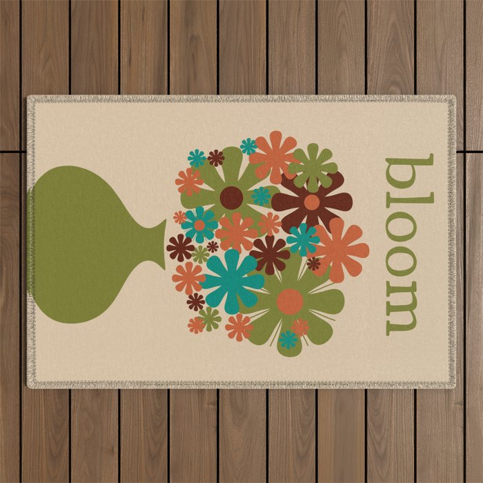 Bloom Retro Flowers in Vase 70s Avocado Green Outdoor Rug Gallery Image 1