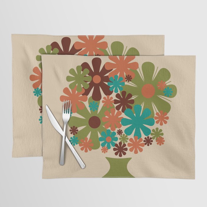 Bloom Retro Flowers in Vase 70s Avocado Green Placemat Gallery Image 1